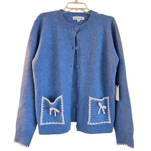 NWT Threaded Leaf Wool Blend Cardigan Blue Sweater Pockets Ribbons